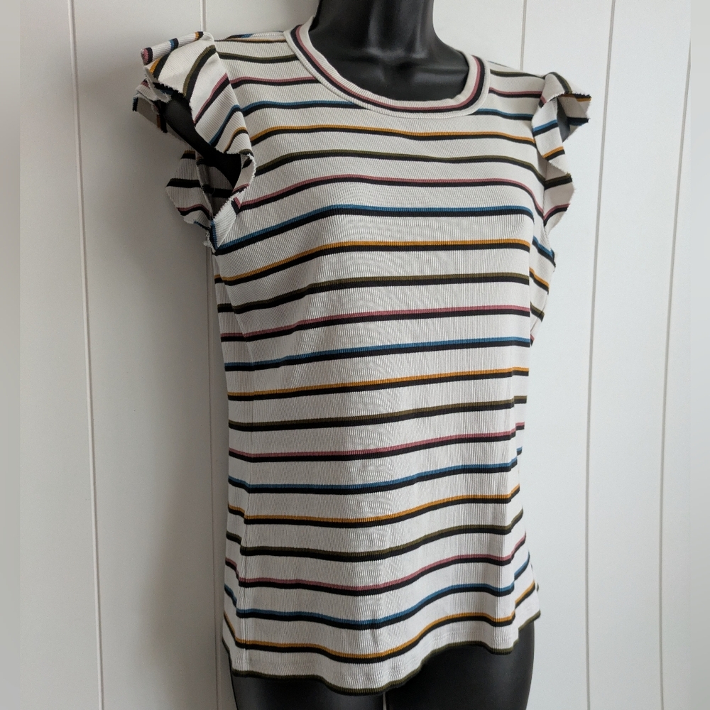 Veronica Beard Jeans Priscilla Striped Ruffle-Sleeve Top, Medium - Picture 2 of 7